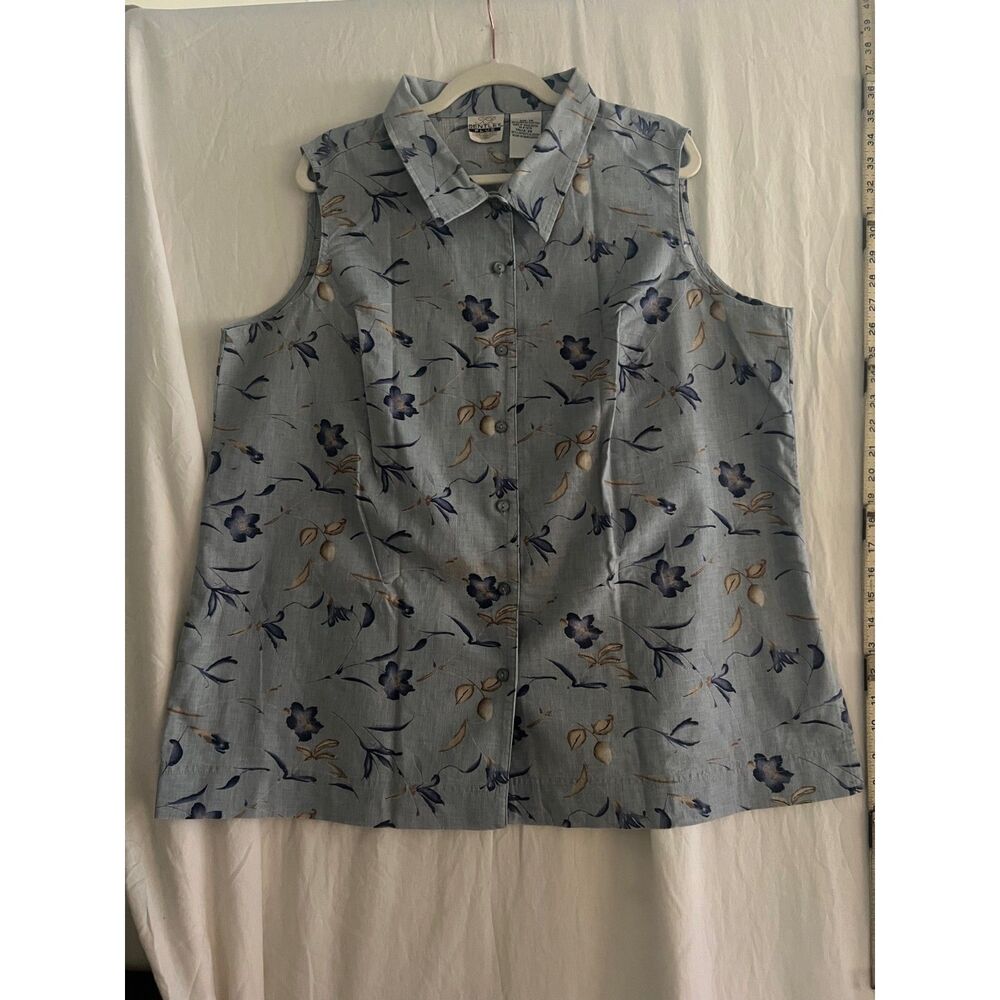 Bentley Plus Sleeveless Floral Linen Cotton Blouse Womens 24 Blue Button Front